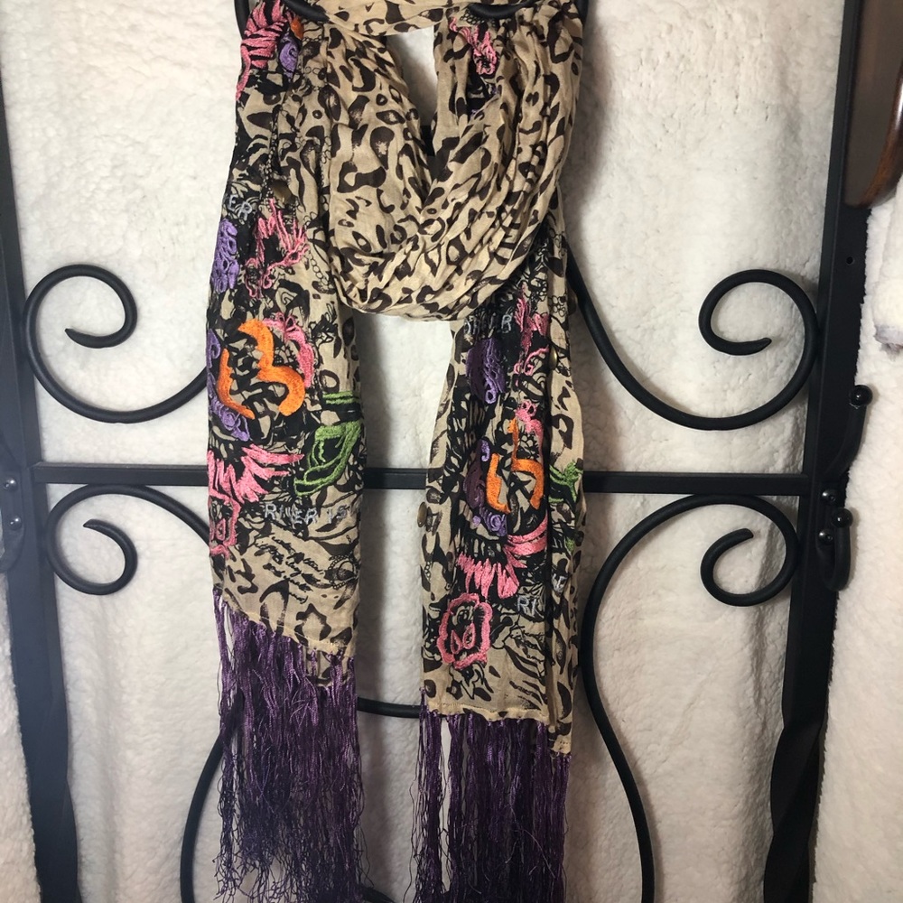 TAAJ London Scarf/Shawl/Wrap Love. Embroidery design w fringe & animal print.